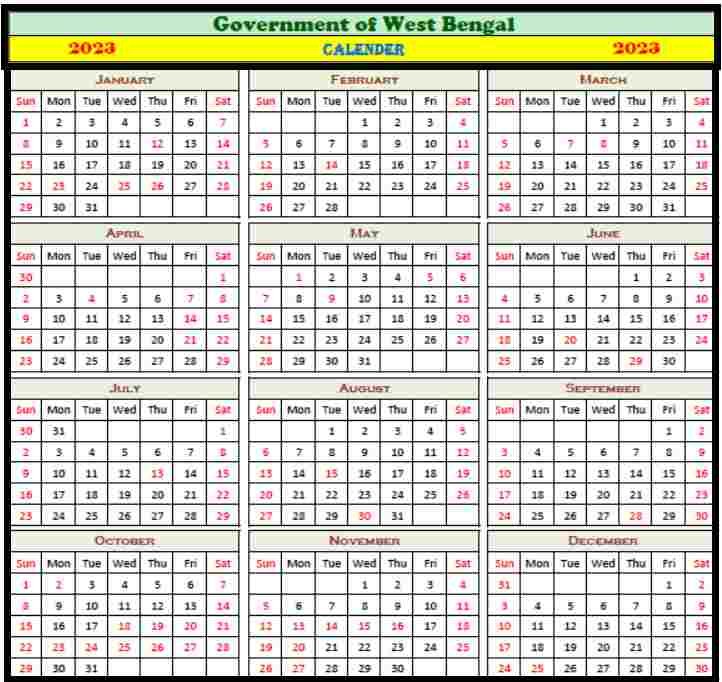  Calendar WB Govt Holiday List 2023 Calendar West Bengal Holiday List 