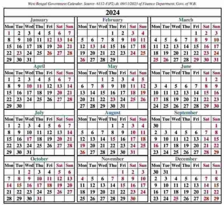 [calendar] West Bengal Govt Calendar 2024,West Bengal Government